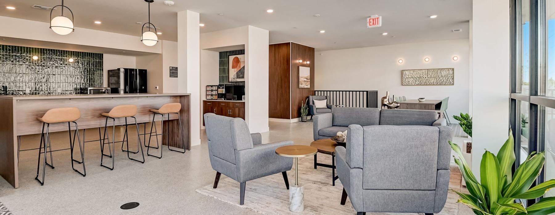 bright, open clubhouse with coffee counter