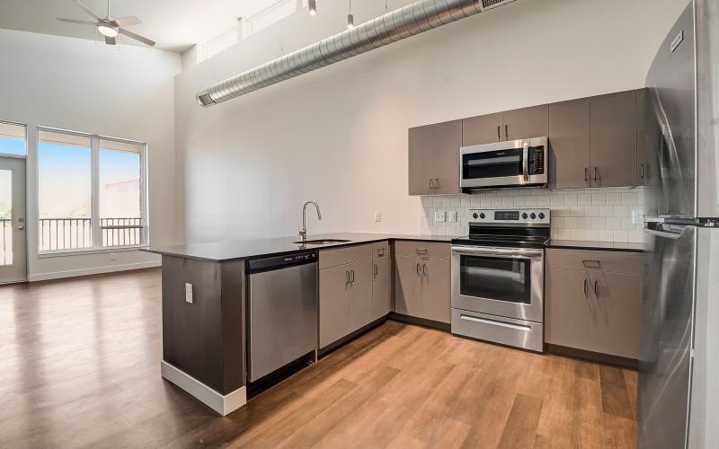 wide kitchen with open counter